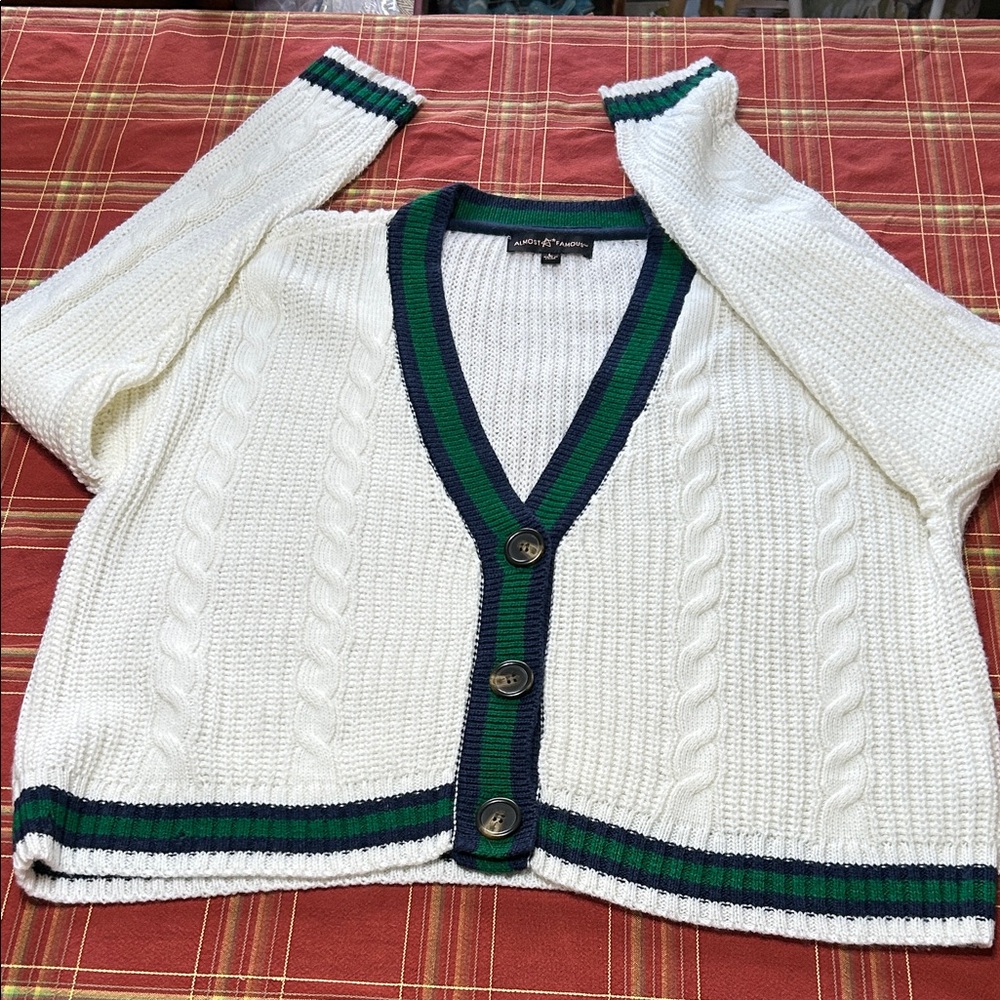 Almost Famous Women’s Cream Cable Knit Varsity Cricket Cardigan Large NWOT